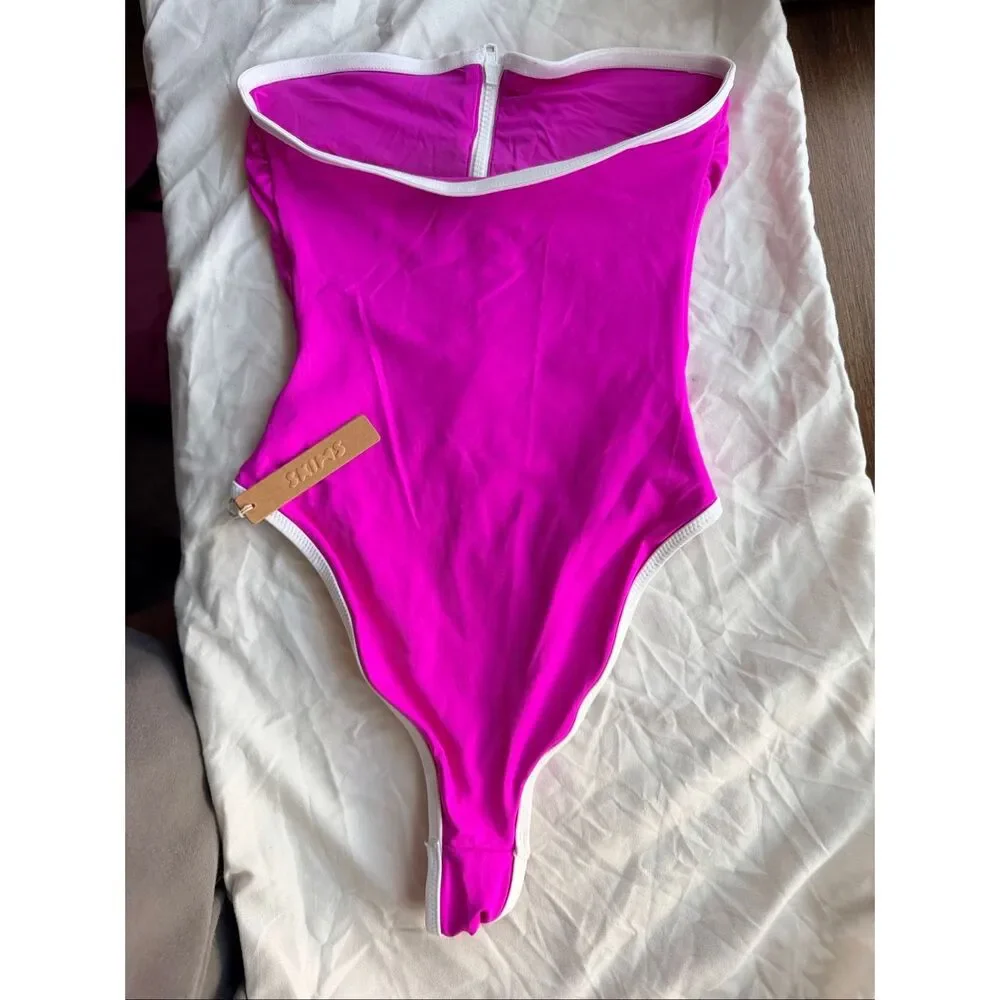 SKIMS Sporty Strapless One Piece Swimsuit Hibiscus Pink Size XS Zip Front Style